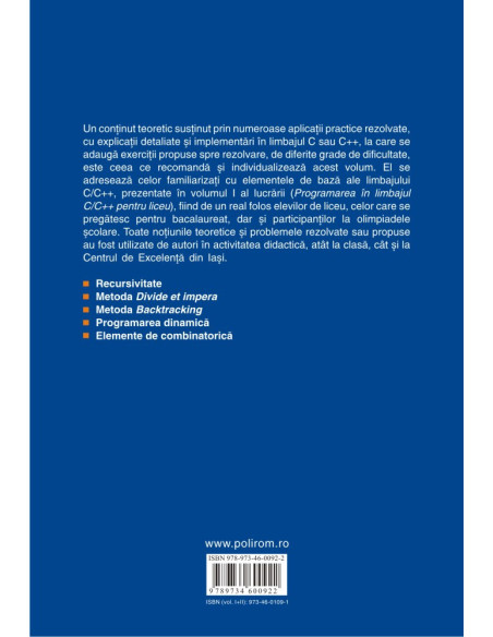 Programarea în limbajul C/C++ pentru liceu. Volumul al II-lea: Metode și tehnici de programare
