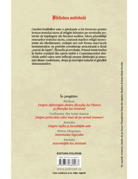 Cuvânt hotărâtor privind stabilirea legăturii dintre filosofie și legea revelată (ediție bilingvă)