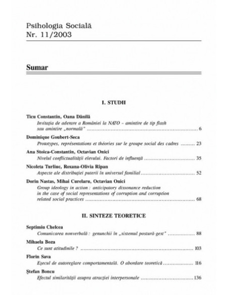 Psihologia socială, Nr. 11/2003 – Buletinul Laboratorului „Psihologia cîmpului social”, Universitatea „Al.I. Cuza”, Iaşi