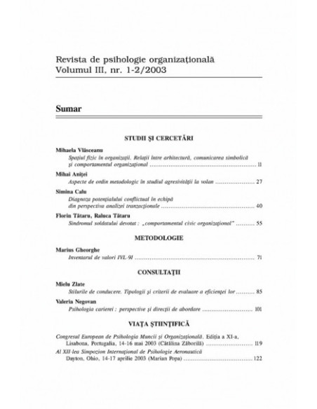 Revista de Psihologie Organizaţională. Vol. III, Nr. 1-2/2003