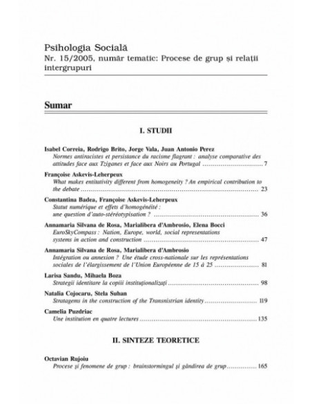 Psihologia Socială. Nr. 15/2005 – Buletinul Laboratorului „Psihologia cîmpului social”, Universitatea „Al.I. Cuza”, Iaşi