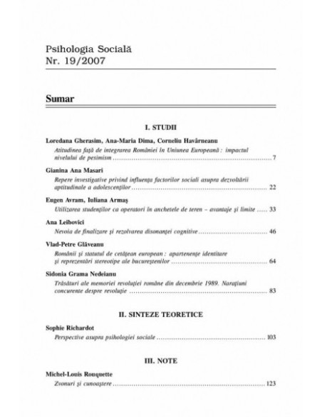 Psihologia Socială. Nr. 19/ 2007 – Buletinul Laboratorului „Psihologia cîmpului social” Universitatea „Al.I. Cuza”, Iaşi