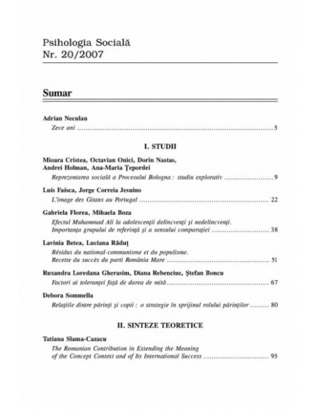 Psihologia Socială. Nr. 20/2007. Buletinul Laboratorului „Psihologia cîmpului social” Universitatea „Al.I. Cuza”, Iaşi