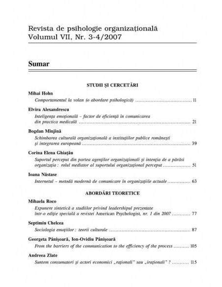 Revista de Psihologie Organizaţională. Vol. VII, Nr. 3-4/2007