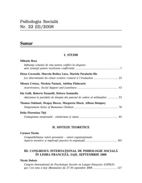 Psihologia Socială.  Nr. 22/2008 – Buletinul Laboratorului „Psihologia cîmpului social” Universitatea „Al.I.Cuza”, Iaşi