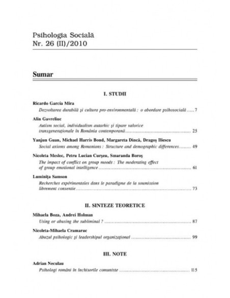 Psihologia Socială. Nr. 26/ 2010 – Buletinul Laboratorului „Psihologia cîmpului social”, Universitatea „Al.I. Cuza”, Iaşi