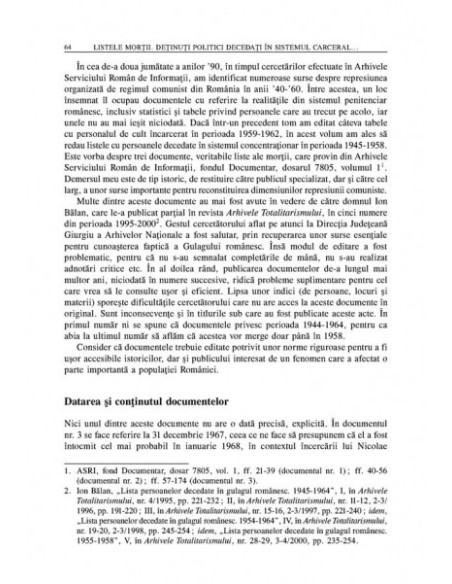 Listele morții. Detinuți politici decedați in sistemul carceral din România potrivit documentelor Securității, 1945-1958