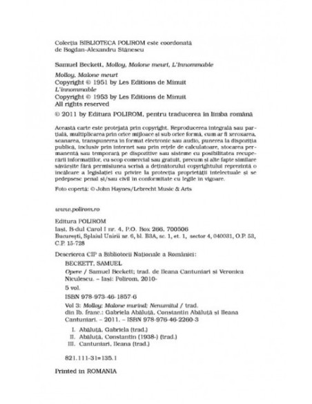 Opere III. Molloy. Malone murind. Nenumitul