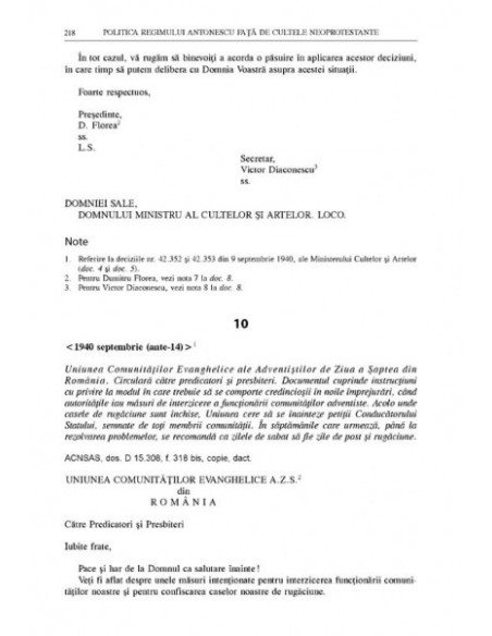 Politica regimului Antonescu fata de cultele neoprotestante. Documente