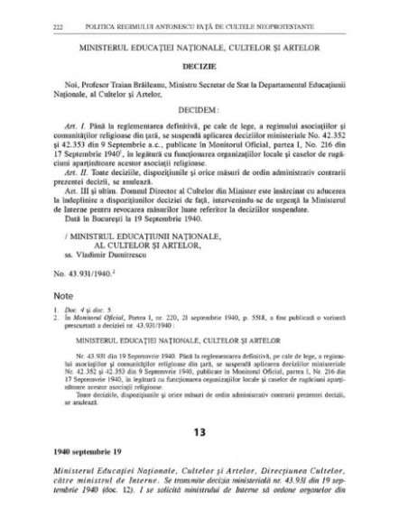 Politica regimului Antonescu fata de cultele neoprotestante. Documente