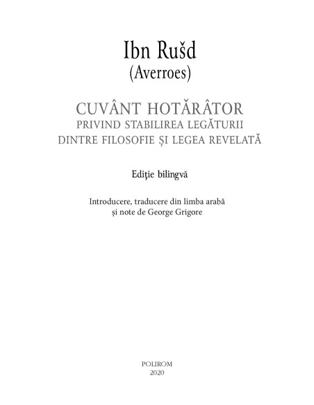 Cuvânt hotărâtor privind stabilirea legăturii dintre filosofie și legea revelată (ediție bilingvă)