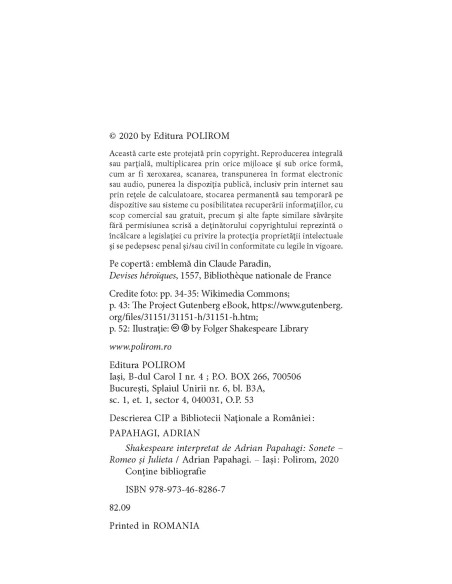 Shakespeare interpretat de Adrian Papahagi. Sonete * Romeo şi Julieta
