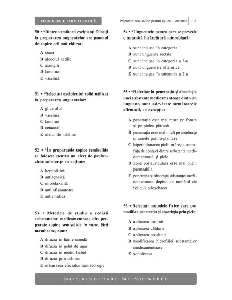 Teste-grilă de tehnologie farmaceutică pentru admitere la rezidenţiat