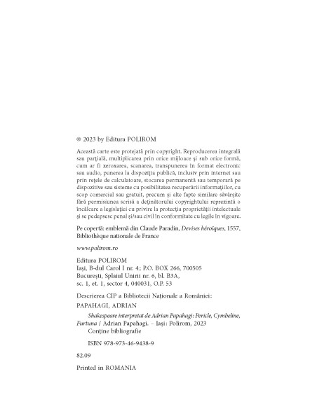 Shakespeare interpretat de Adrian Papahagi. Pericle * Cymbeline * Furtuna