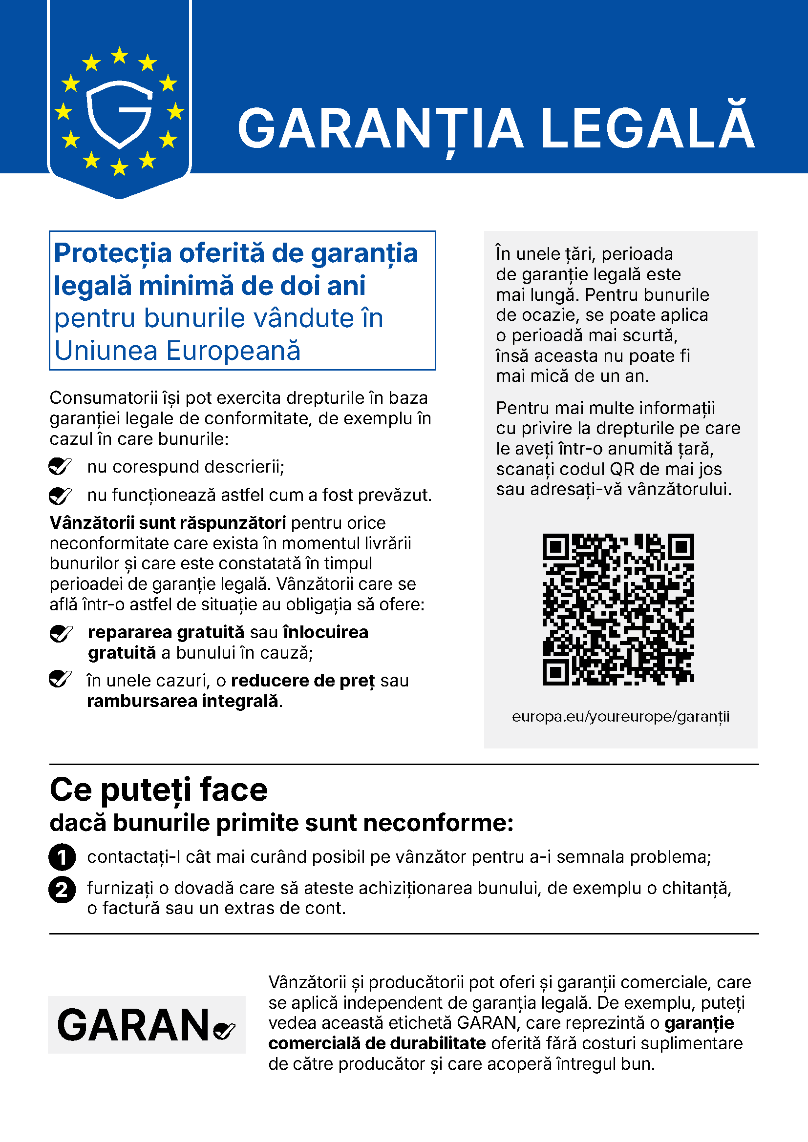 Notificarea UE privind garantia legala de conformitate
