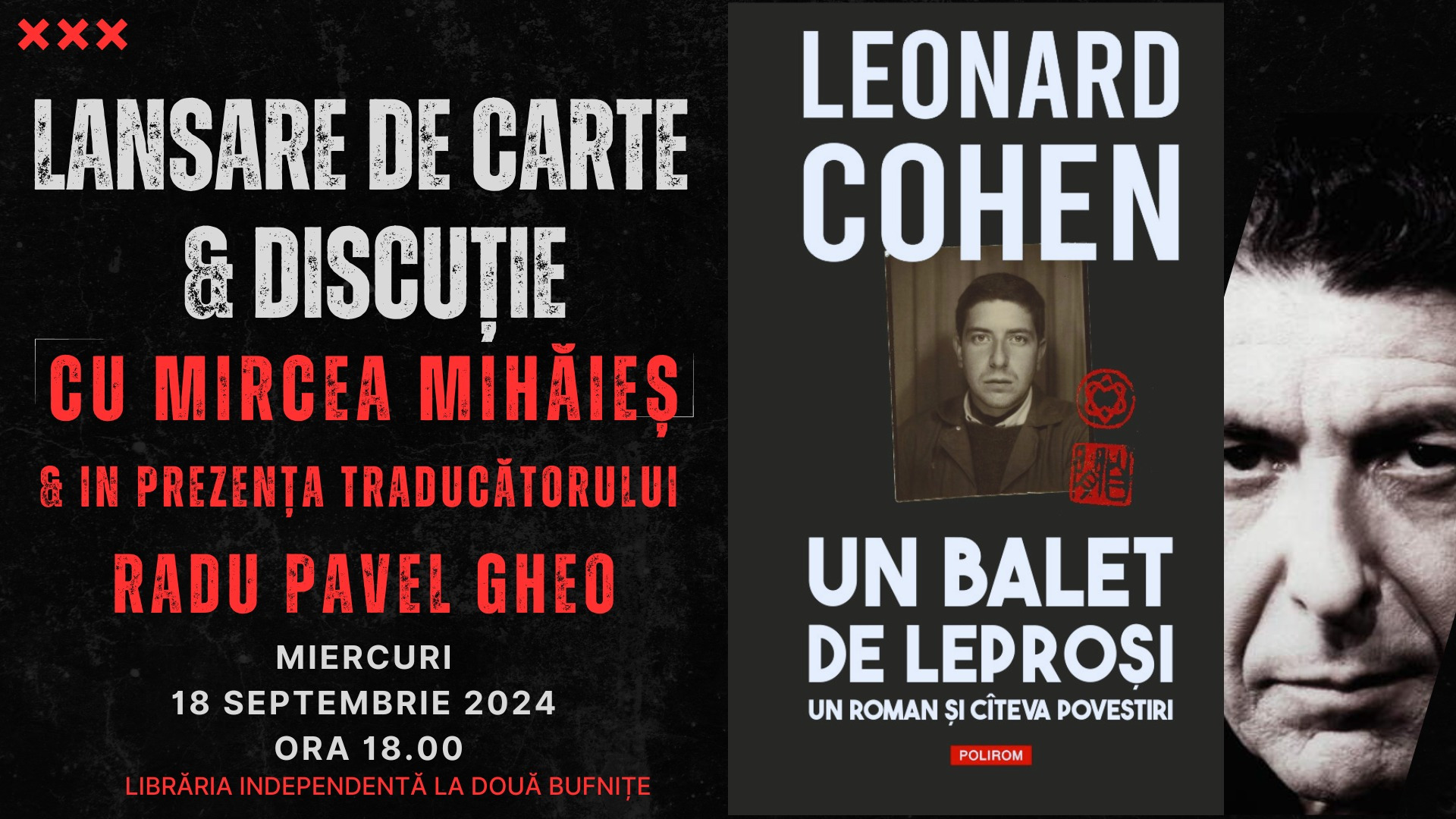 Lansare de carte & discuție despre Un balet de leproși de Leonard Cohen, la Timișoara