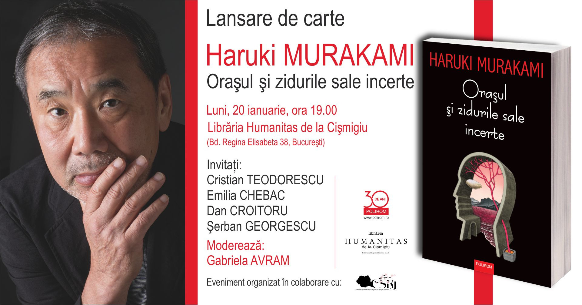 „Orașul și zidurile sale incerte” de Haruki Murakami: lansare de carte la Librăria Humanitas de la Cișmigiu