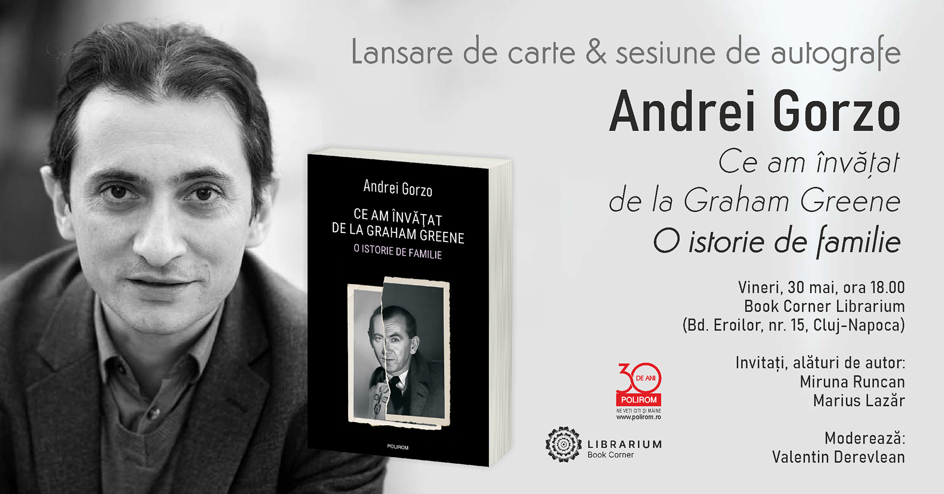 Andrei Gorzo, „Ce am învățat de la Graham Greene. O istorie de familie”: lansare de carte la Book Corner Librarium Cluj