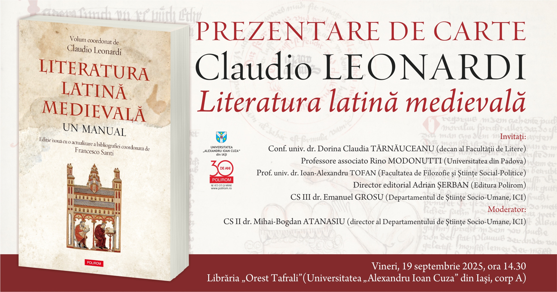 Prezentare de carte la Iași: Literatura latină medievală, Claudio Leonardi (coordonator)