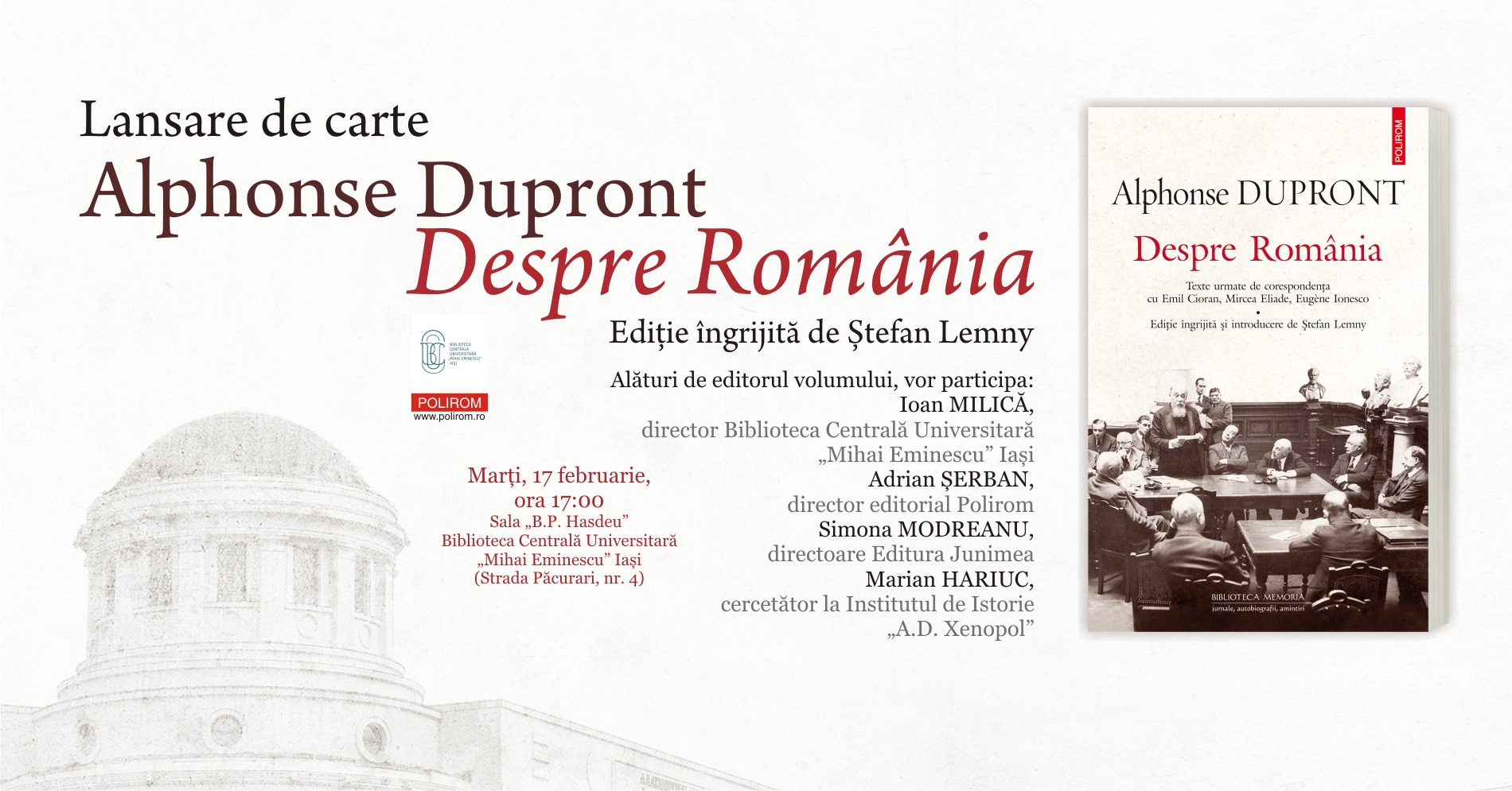 Prezentare de carte la Iași: Alphonse Dupront, Despre România