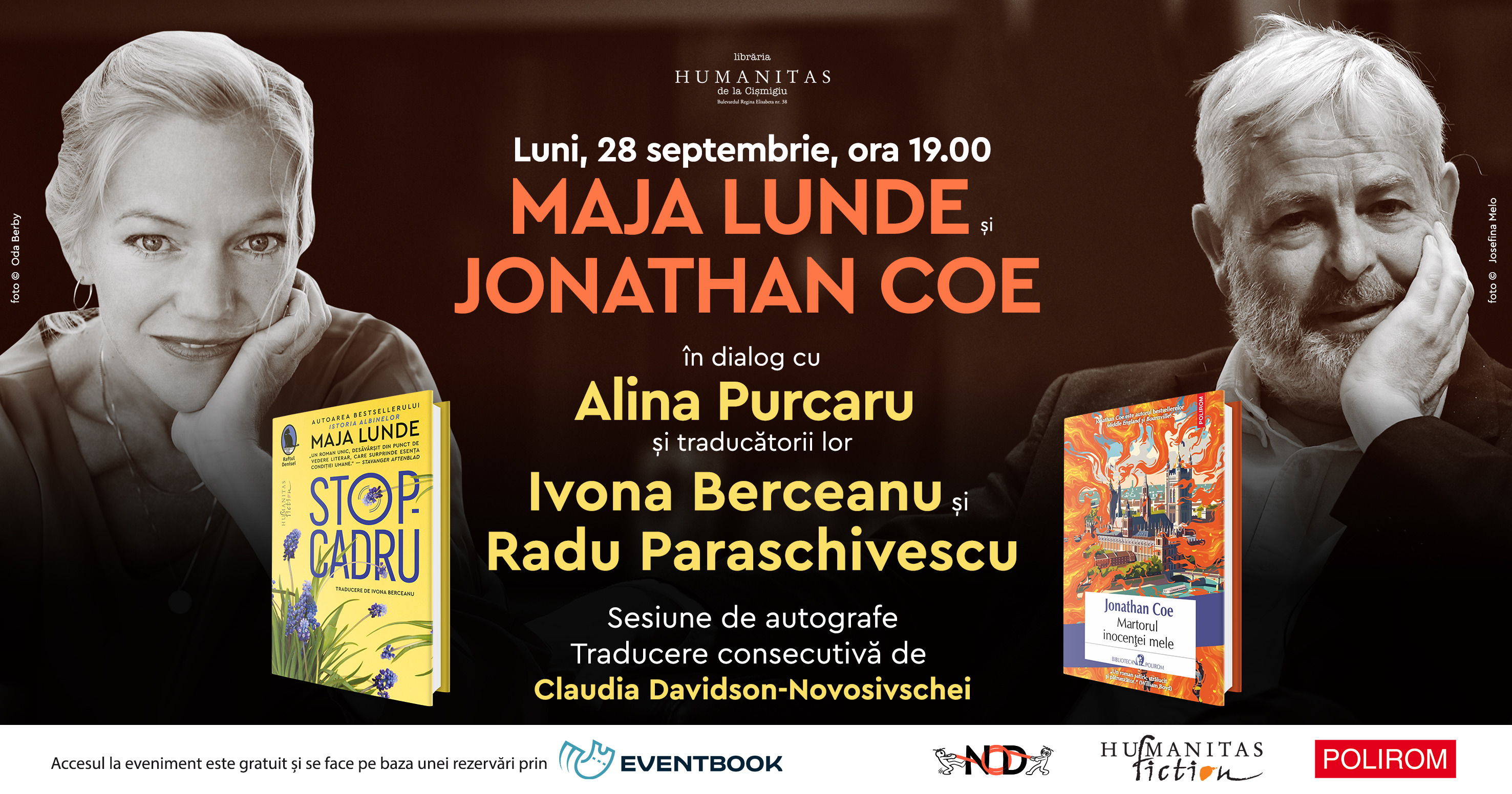 Maja Lunde, Jonathan Coe și traducătorii lor la București, în dialog cu Alina Purcaru